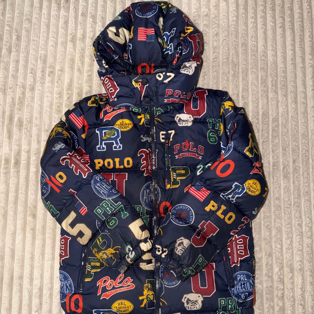 Vintage Polo Ralph Lauren Youth Puffer Jacket | All-Over Varsity Print | Y2K